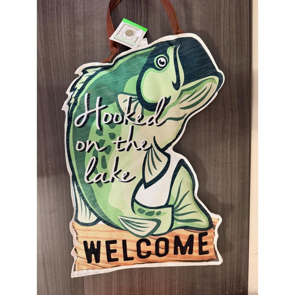 Hooked on the Lake Fish Fabric Door Hanger Welcome Sign Fishing Cabin Decor